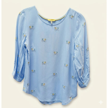 Joules Soraya Light Blue Bicycle Embroidered Three Quarter Sleeve Blouse Top 2