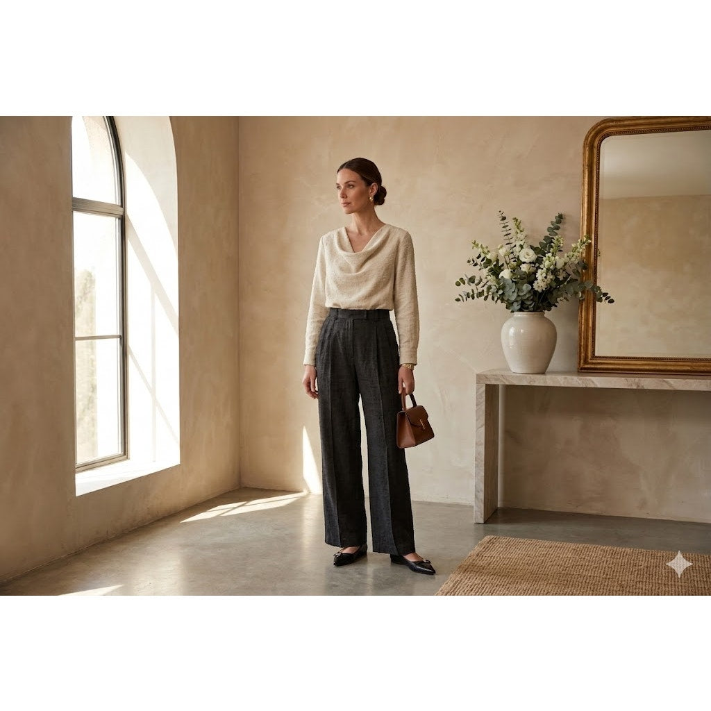 Antonio Melani Nubby Linen Pleated Pants 4 High Waist Wide Leg Charcoal Black