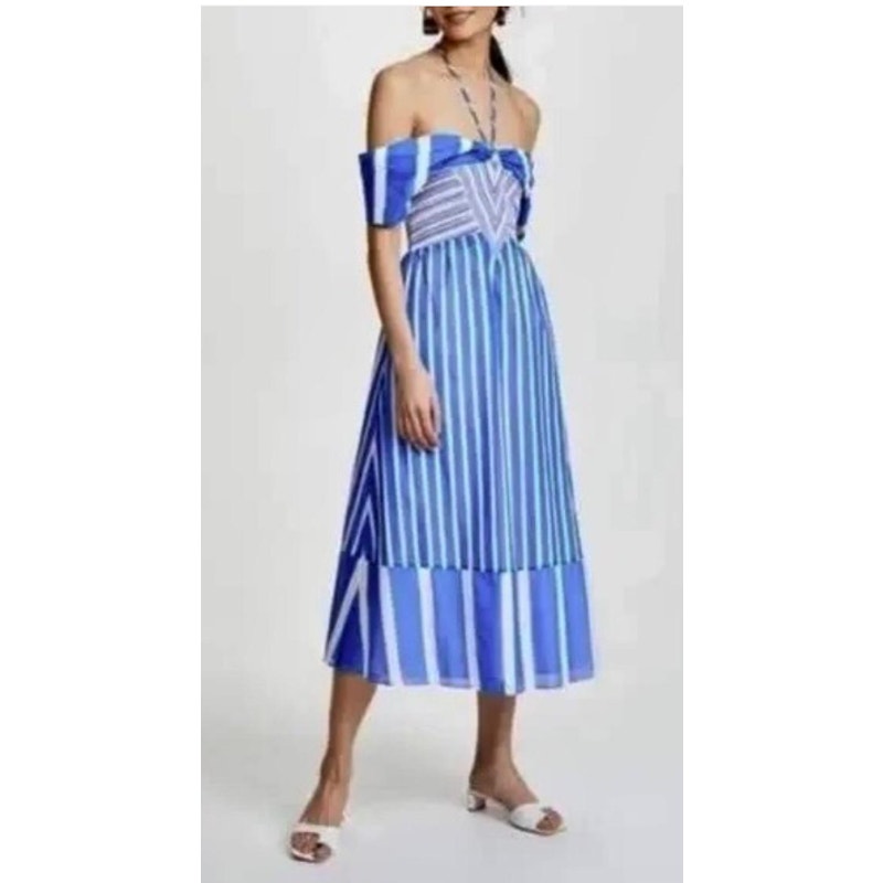 TANYA TAYLOR Celina Smocked Striped Color block Midi Dress Smocking 2 / xs NEW