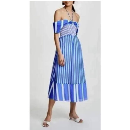 TANYA TAYLOR Celina Smocked Striped Color block Midi Dress Smocking 2 / xs NEW