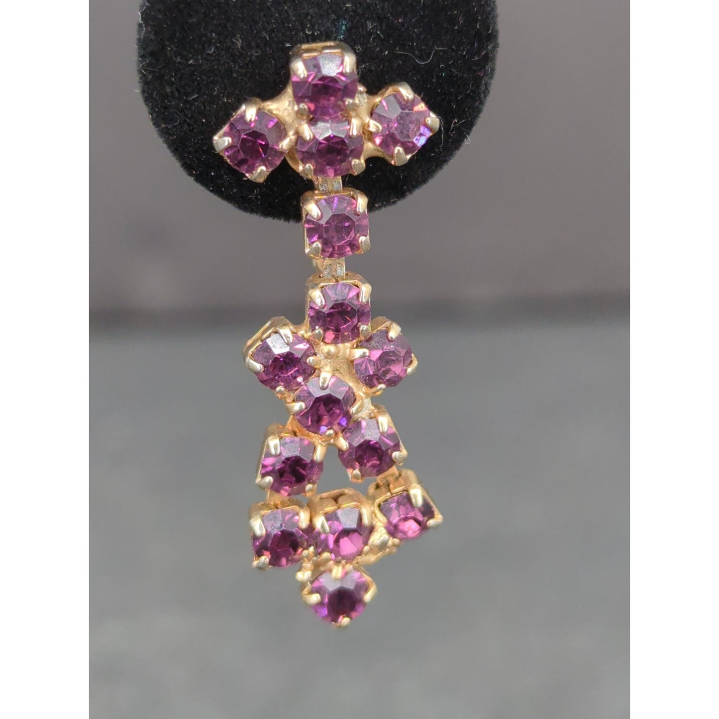 Vintage Gold Tone Purple Rhinestone Cross Dangle Earrings Screw Back Retro 1960s