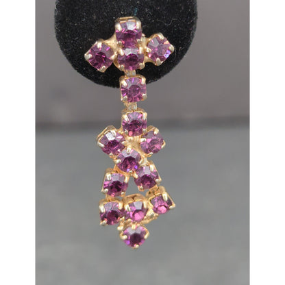 Vintage Gold Tone Purple Rhinestone Cross Dangle Earrings Screw Back Retro 1960s