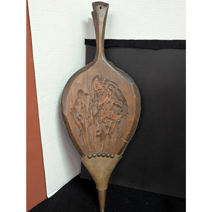 Vintage Hand Carved Wood Fireplace Bellows Bird Motif Brass Studs Large 22"