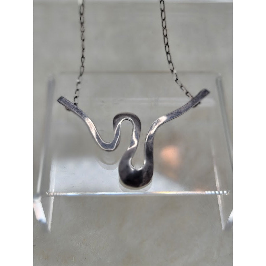 Vintage Modernist Sterling Silver Biomorphic Wave Pendant Necklace 925