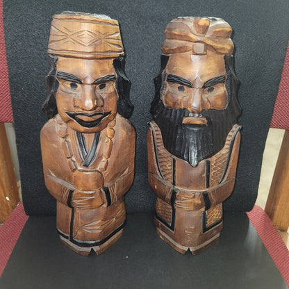 Vintage pair Japanese Wood Carved Ainu Carved Statues Hokkaido Japanese Folk Art