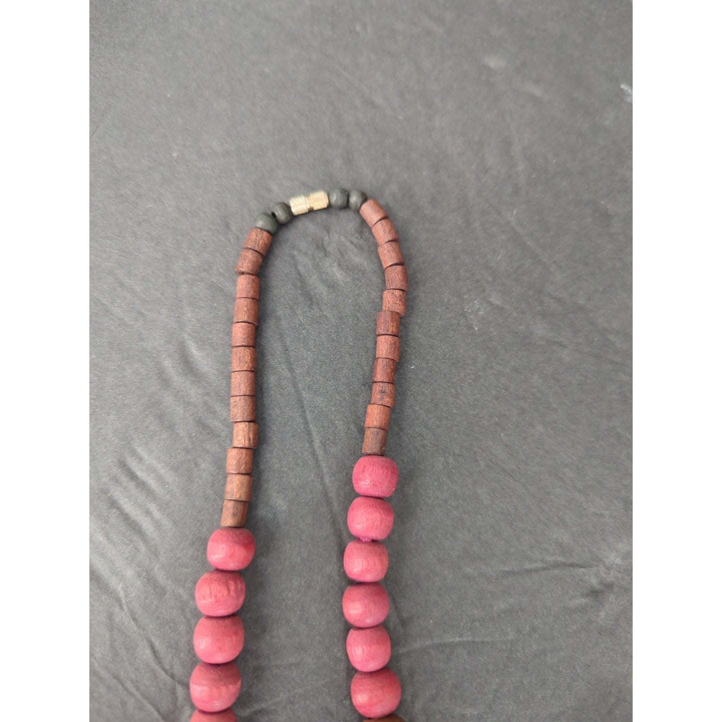 Vintage Chunky Wooden Bead Statement Necklace Pink & Brown Mid-Century Boho Chic