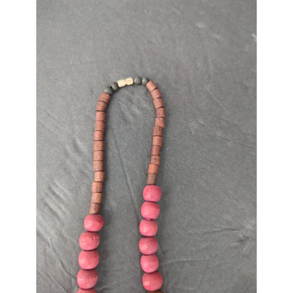 Vintage Chunky Wooden Bead Statement Necklace Pink & Brown Mid-Century Boho Chic