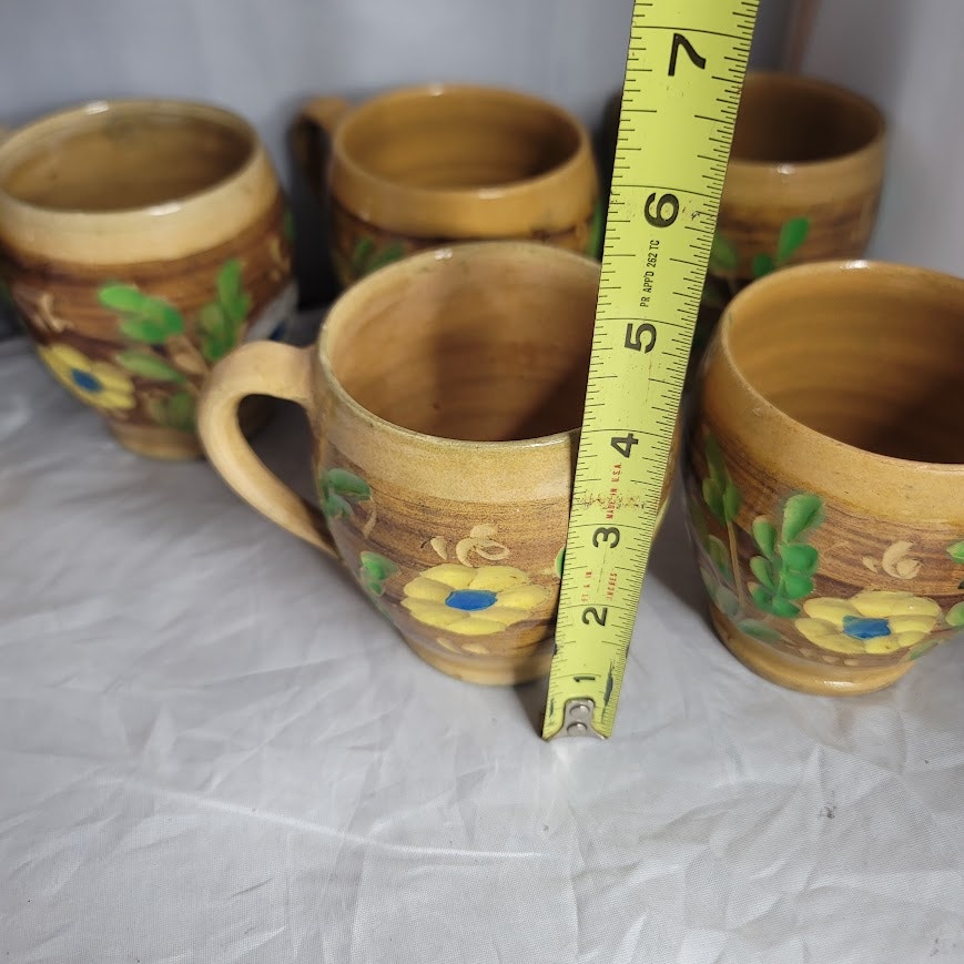 Set of 6 Primitive folk VINTAGE hand painted art pottery mug cup encised flowers