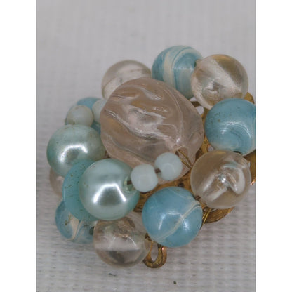 Vintage Japan Blue Peach Beaded Cluster Clip On Statement Earrings Faux Pearl