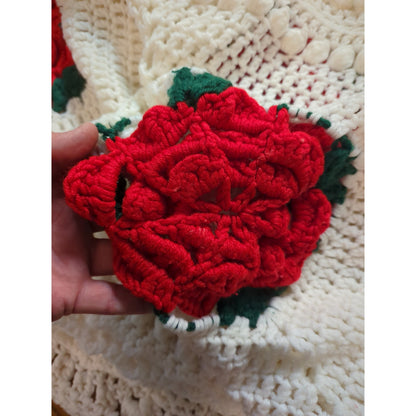 Handmde 96" x 116" King Rose 3D Blanket w/3 pillows white red green Afghan