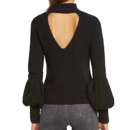 Willow & Clay Bishop Sleeve Back Cutout Pullover Sweater Sz Large in Black NWT