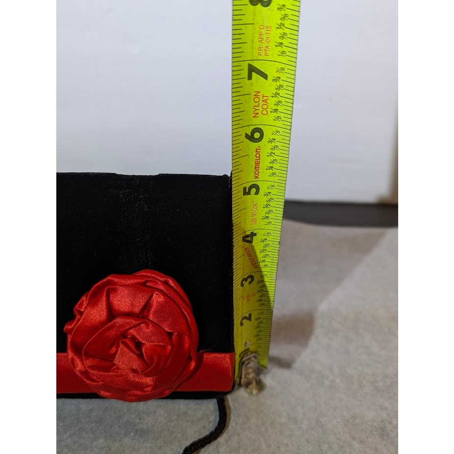 Vintage 80s Glam Black Velvet Clutch Bag Red Satin Rosette Ribbon Retro Evening