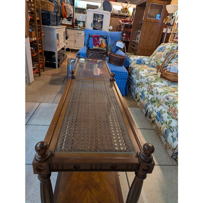 Secondhand Sandies: Long Traditional Wood & Glass Sofa Table with Turned Posts and Finials