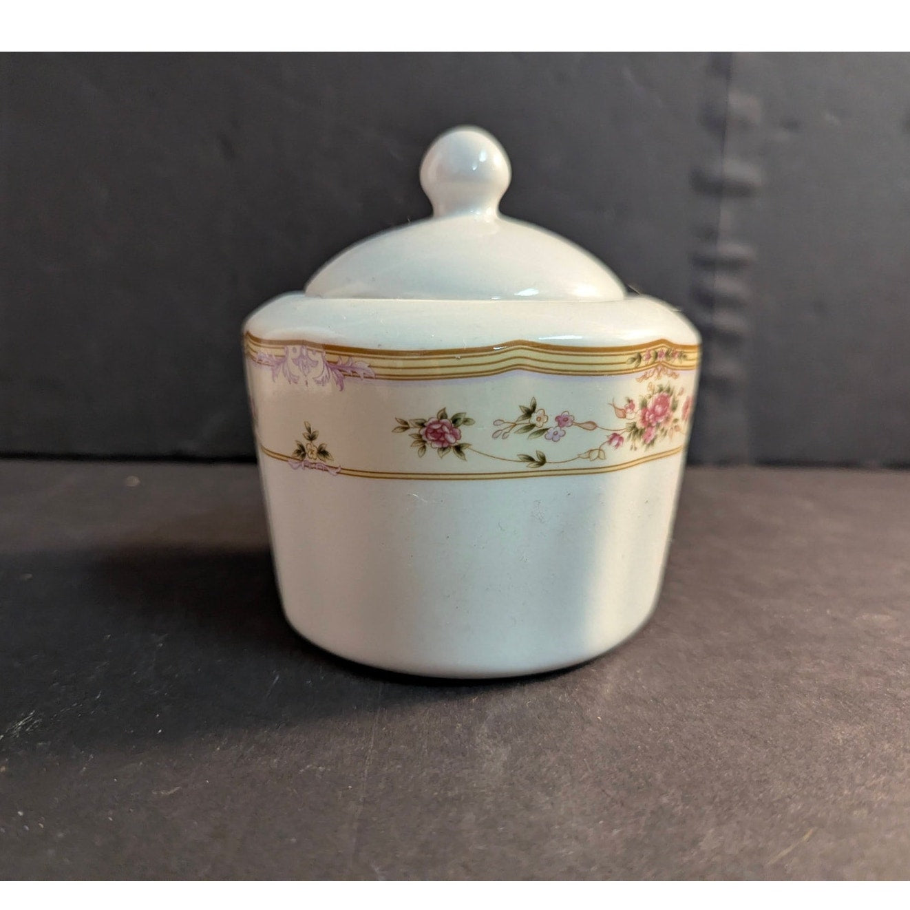 Vintage Lynne Fine China Lidded Sugar Bowl Floral Gold Trim French Country