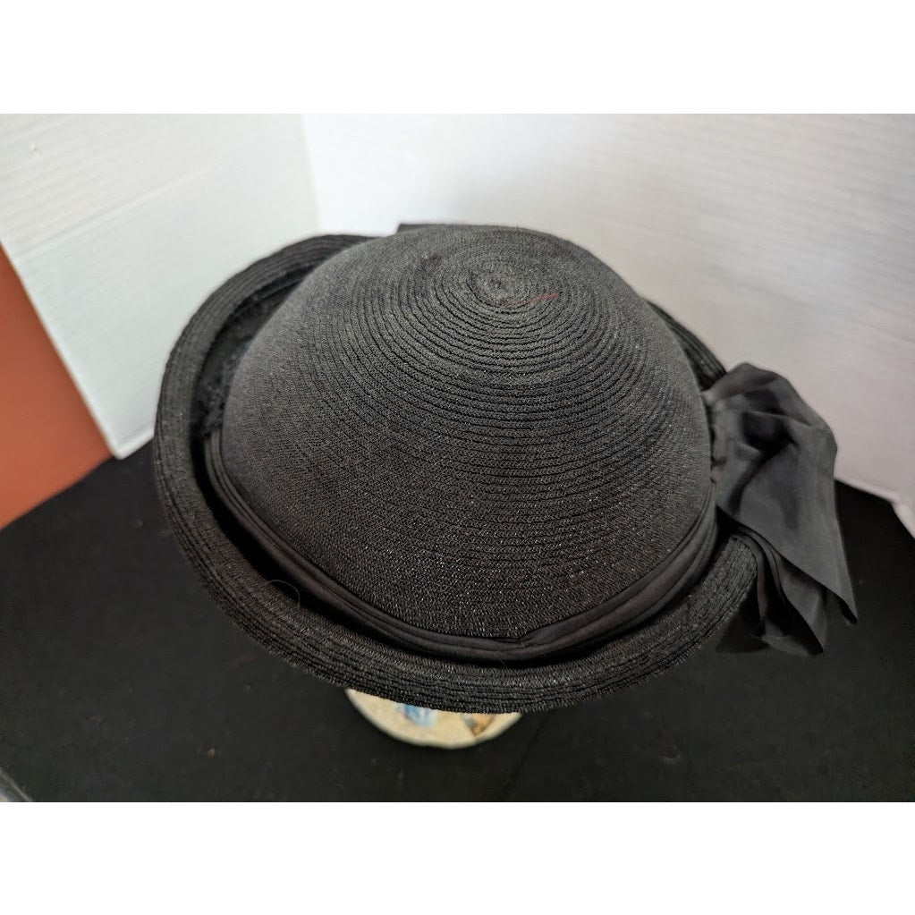 Vintage 50s Black Straw Breton Roller Hat Large Grosgrain Bow Rockabilly Church