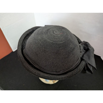 Vintage 50s Black Straw Breton Roller Hat Large Grosgrain Bow Rockabilly Church
