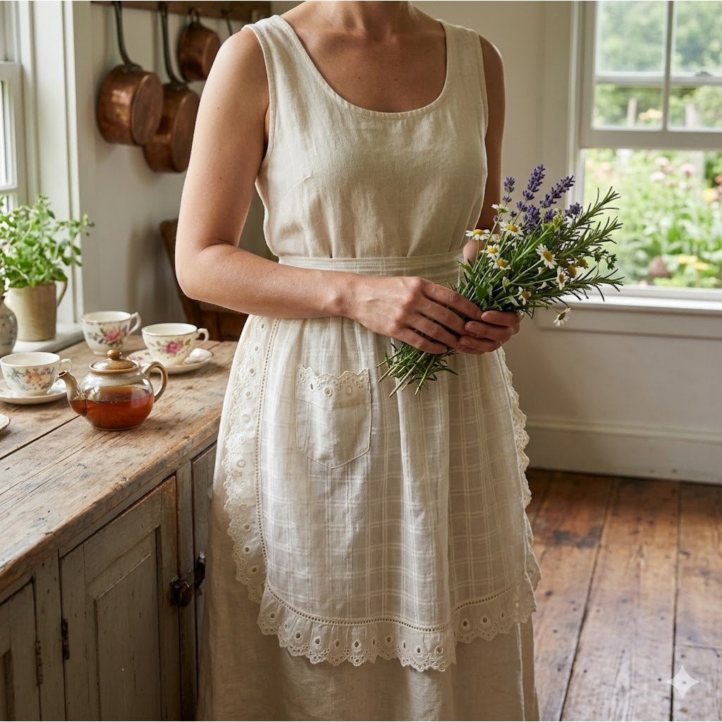 Vintage Women's Eyelet Lightweight Kitchen Apron Tie Waist Front Pocket Cream