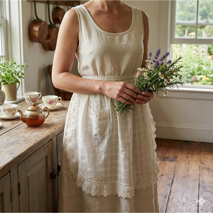 Vintage Women's Eyelet Lightweight Kitchen Apron Tie Waist Front Pocket Cream