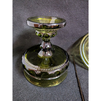 Vintage Indiana Glass Olive Green Kings Crown Thumbprint Covered Candy Dish