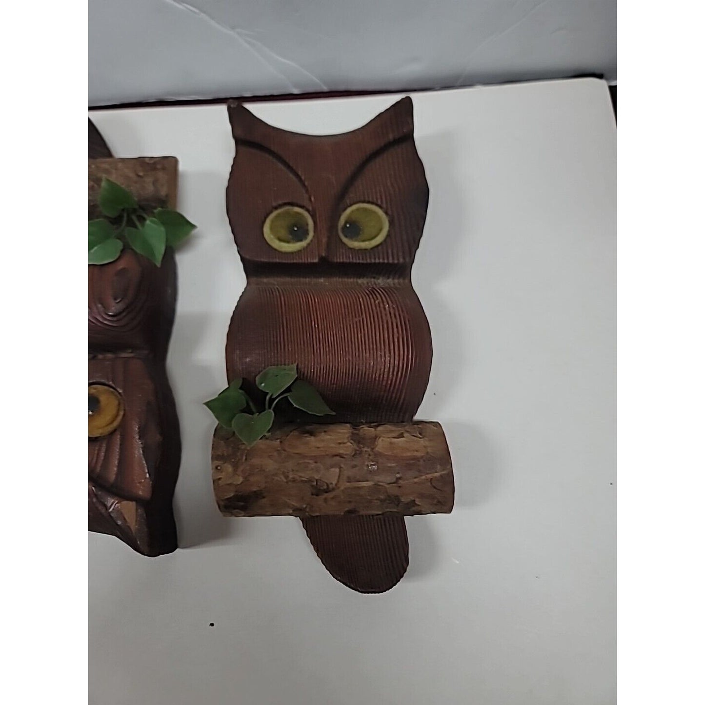 PAIR 9.5" MID Century Modern Carved Wooden Owl on Branch Big Eyes BOHO Lot Of 2