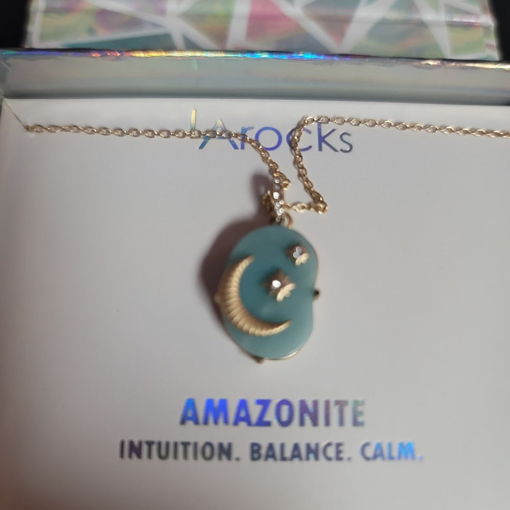 Amazonite File Silver Plated 16" + 2" Necklace with The moon and Stars Pendant