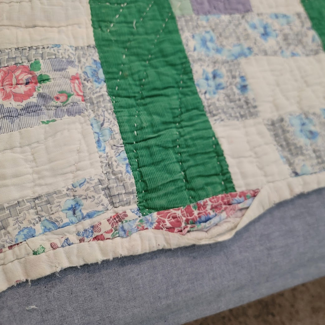 Handmade Quilt 72"x70" greens need repairs PATCHWORK FARMHOUSE cabin VINTAGE