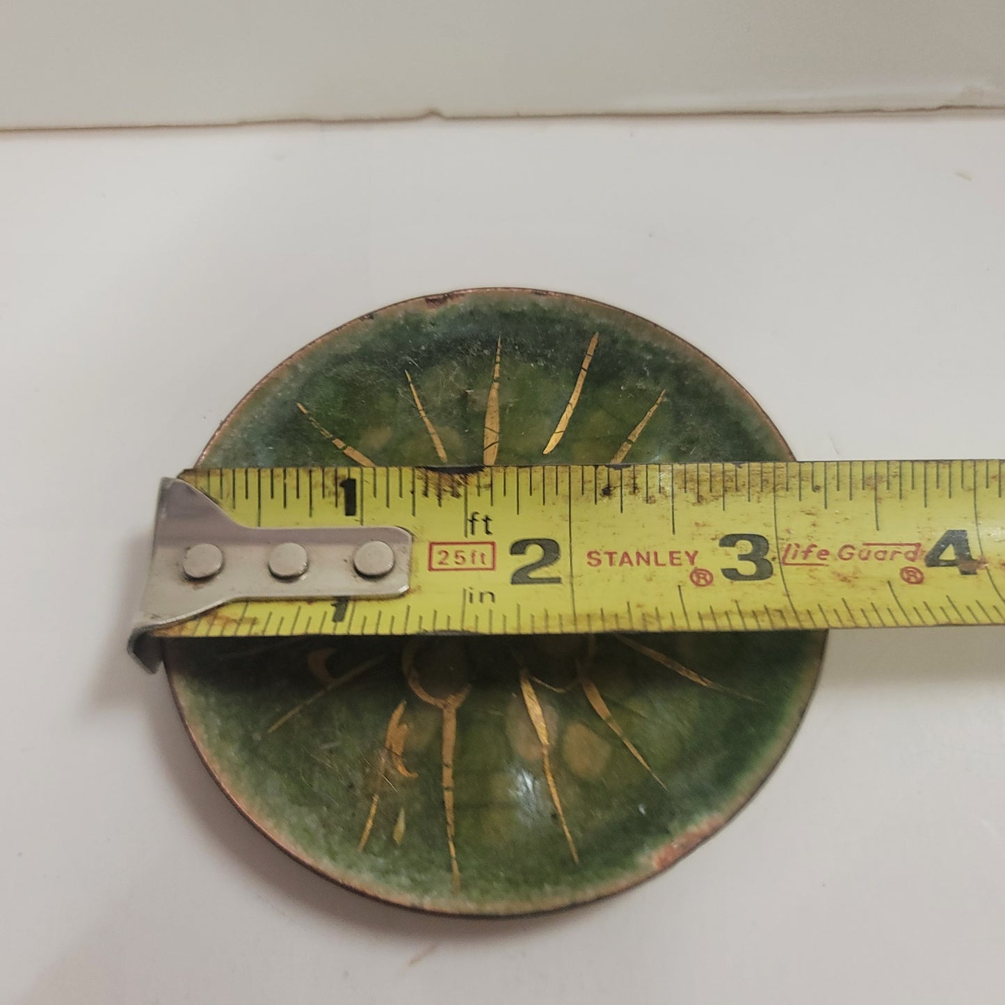Vintage Enamelware over copper trinket mcm 3" tray green gold