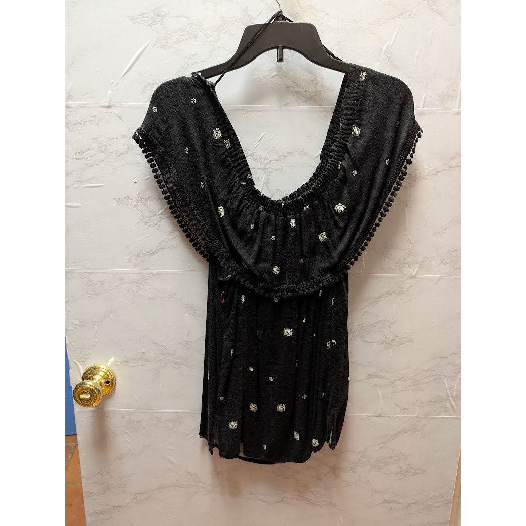 Gibson Black Off-the-Shoulder Embroidered Medallion Rayon Blouse Size Small