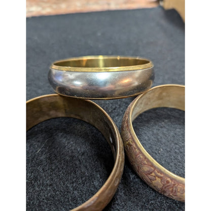 Set of 3 Brass Vintage Bracelets hammered two tone metal etched mixed styles