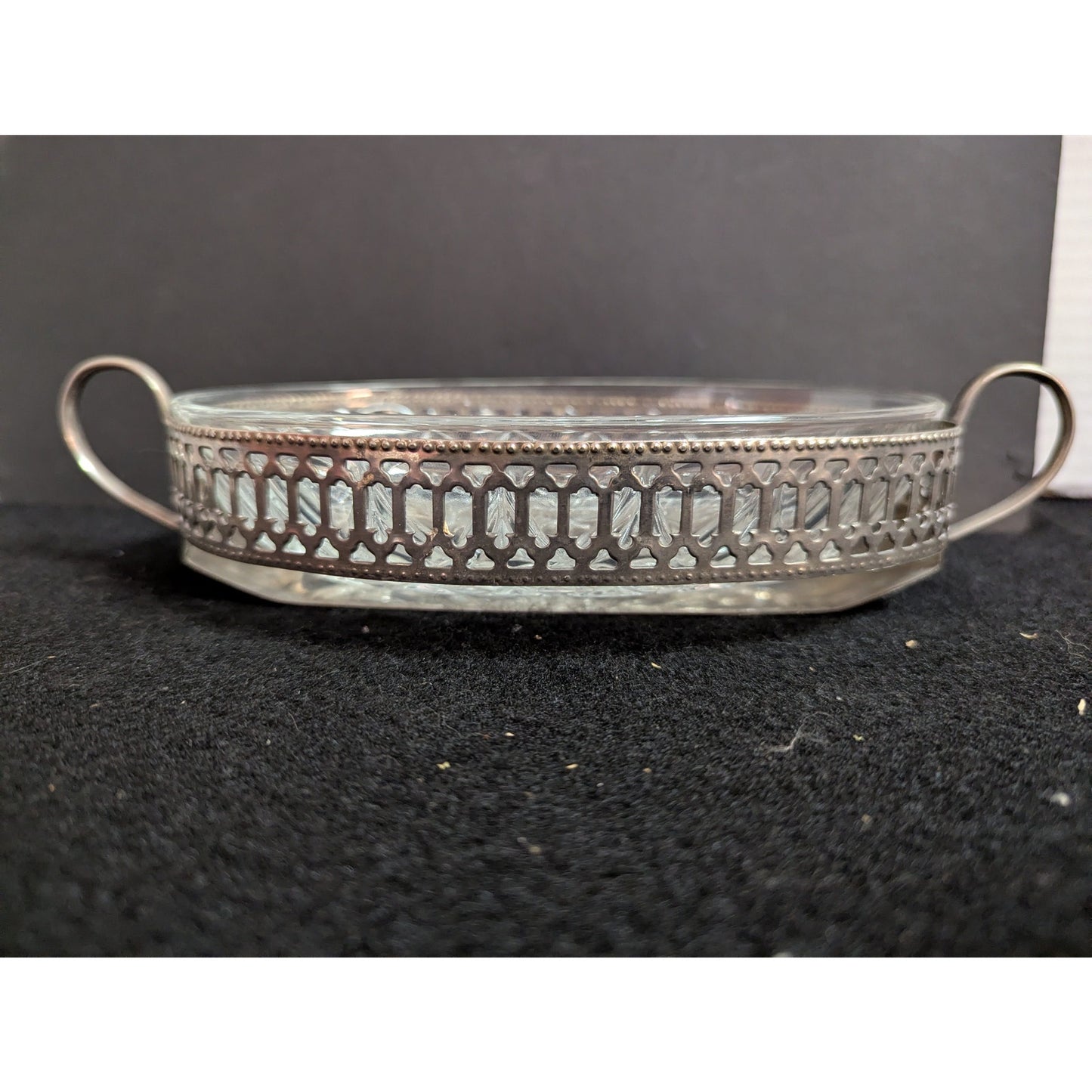 Vintage Cut Glass & Pierced Silverplate Relish Dish Set