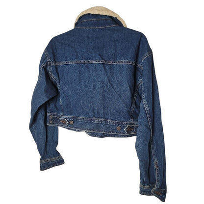 NEW Topshop sz 6 Cropped Dark Wash Heavy Denim Fleece Collar Jean trucker Jacket