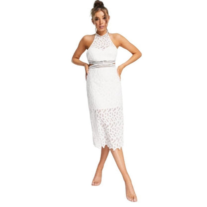 Bardot iSLA Ivory White Lace Dress Size 10 halter side cutouts midi wedding NEW