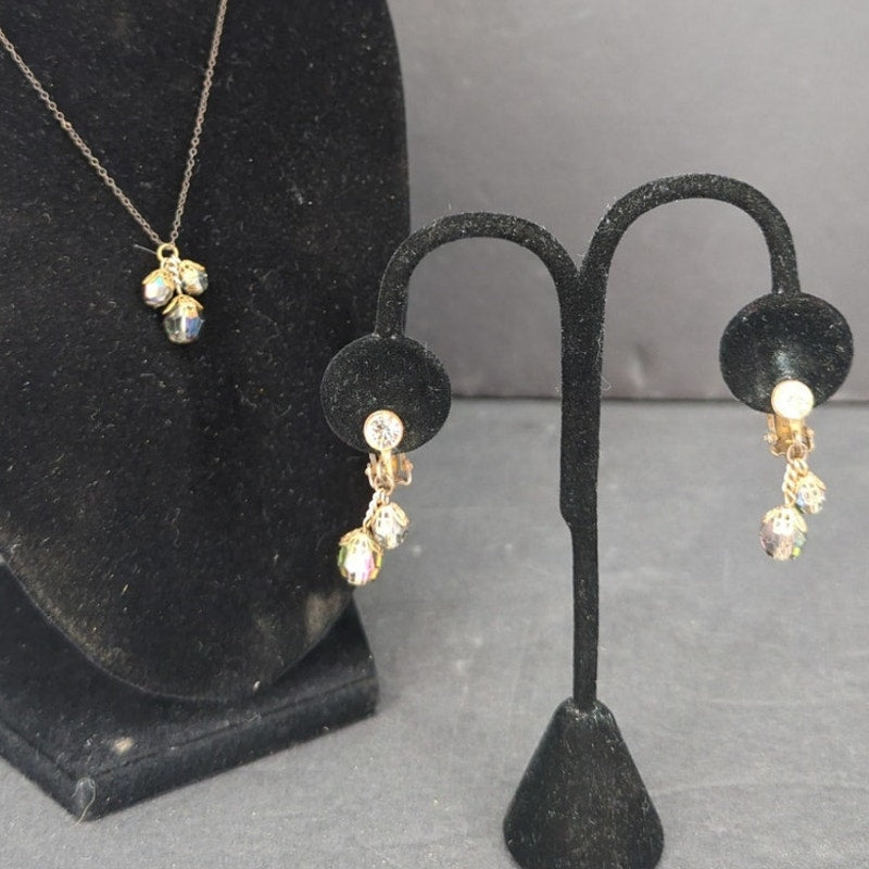 Vintage Iridescent Aurora Borealis Crystal Necklace and Clip On Earring Set