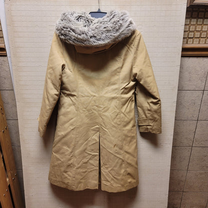 Vintage XS coat Winter Lined Faux Fur collar Tan Heavy Extra Small NO BELT Lined