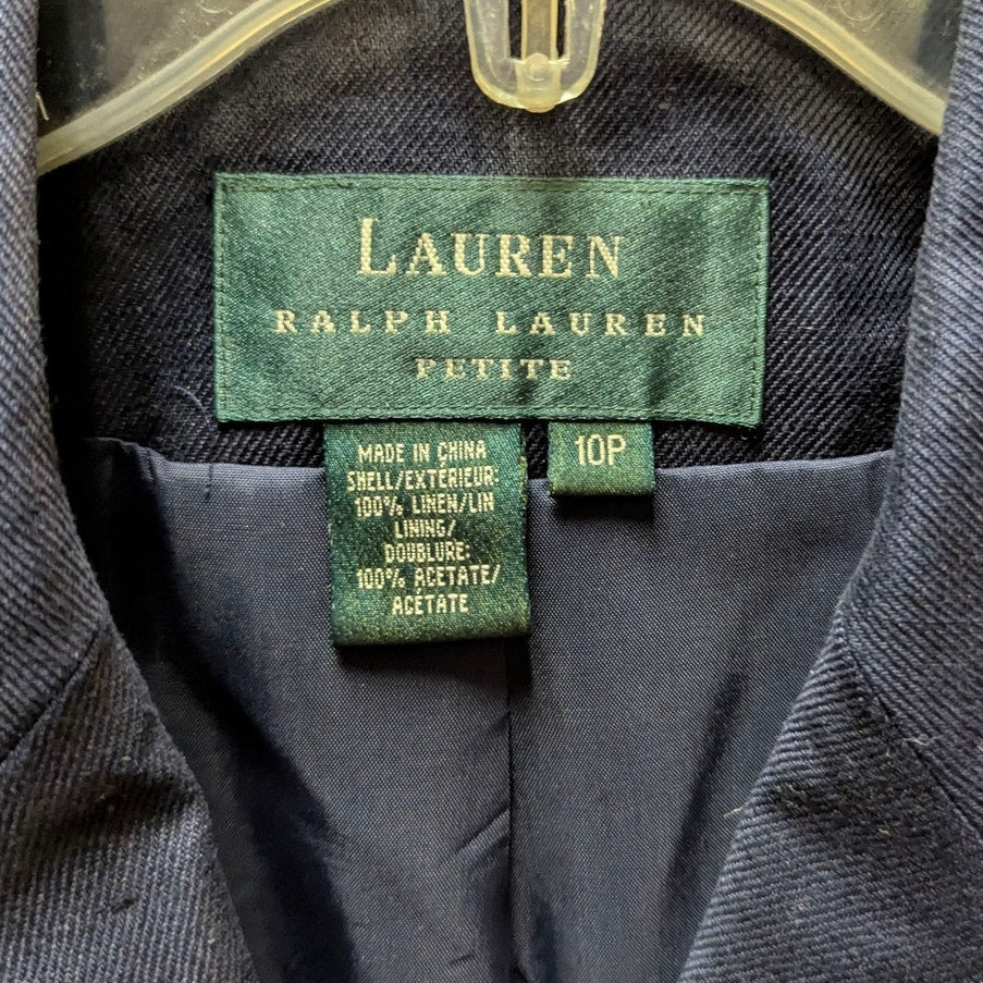 Lauren Ralph Lauren Linen Blazer Navy Double Breasted Gold Button 10P Preppy