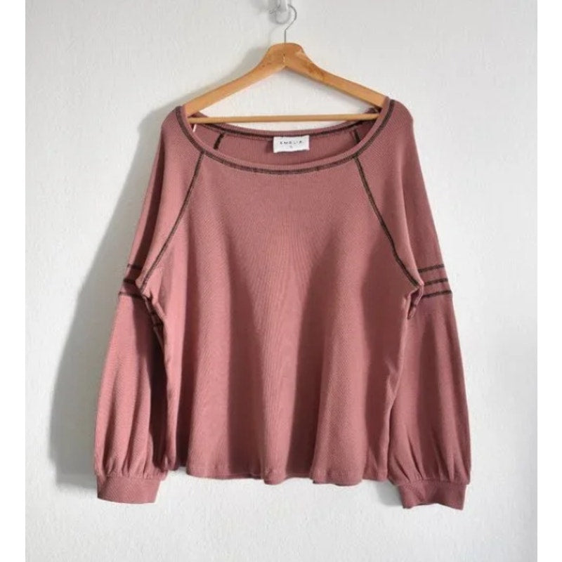 Emelia Size Large Thermal Long Sleeve shirt top Raglan Mocha Rust Stripe NEW