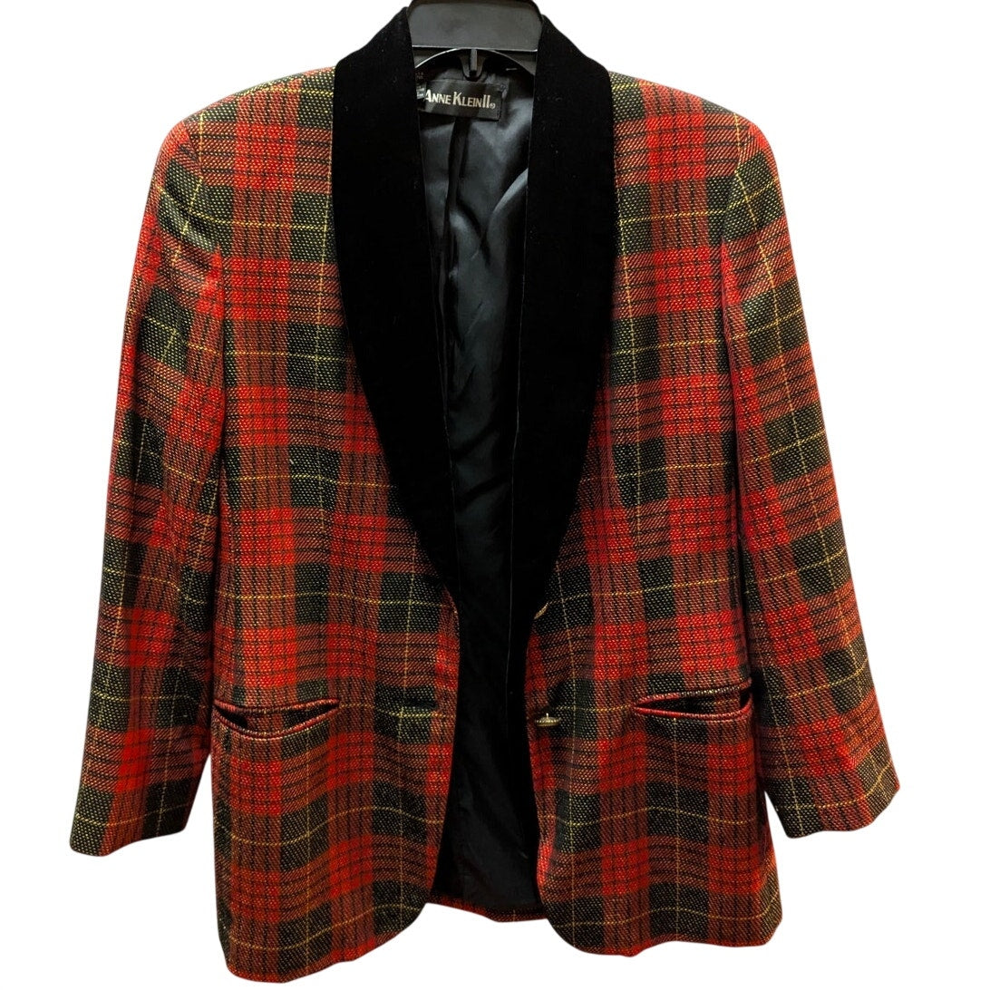 Vintage Anne Klein II Red Tartan Plaid Velvet Collar Blazer 8 Petite Wide lapel