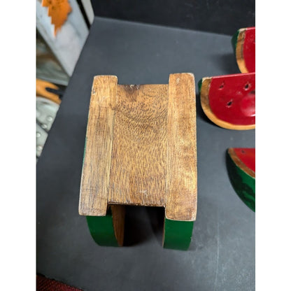 Vintage Painted Watermelon wood Napkin Holder (6) Napkin Ring Set 7pc. KITSCHY