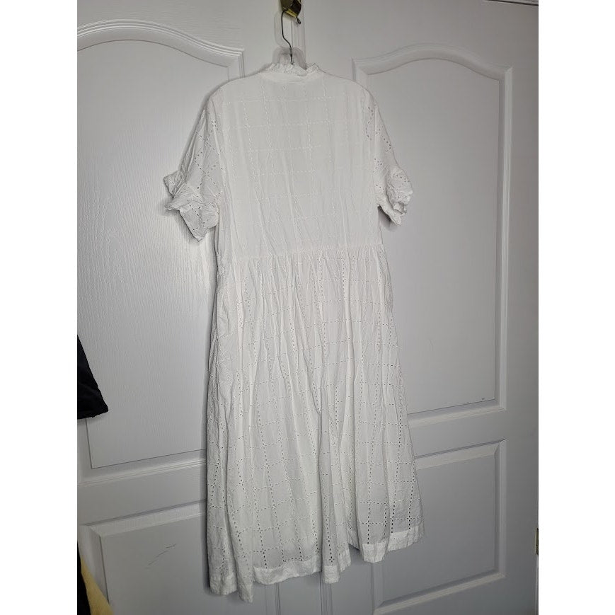 Crown & Ivy White eyelet button up Dress Midi Size XL Pockets flutter sleeve