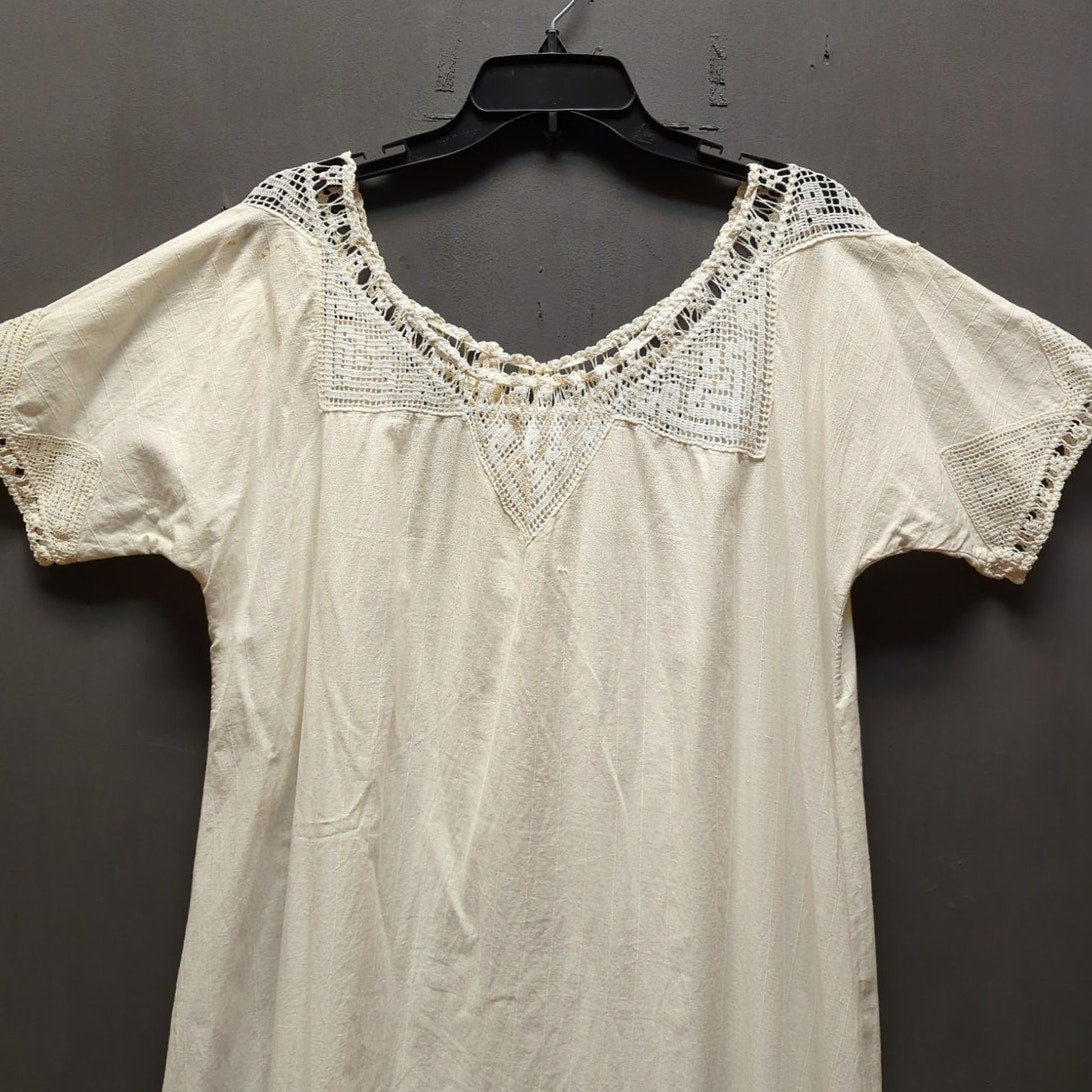 Antique Edwardian Nightgown White Cotton Dressing Gown Crocheted Bodice Large