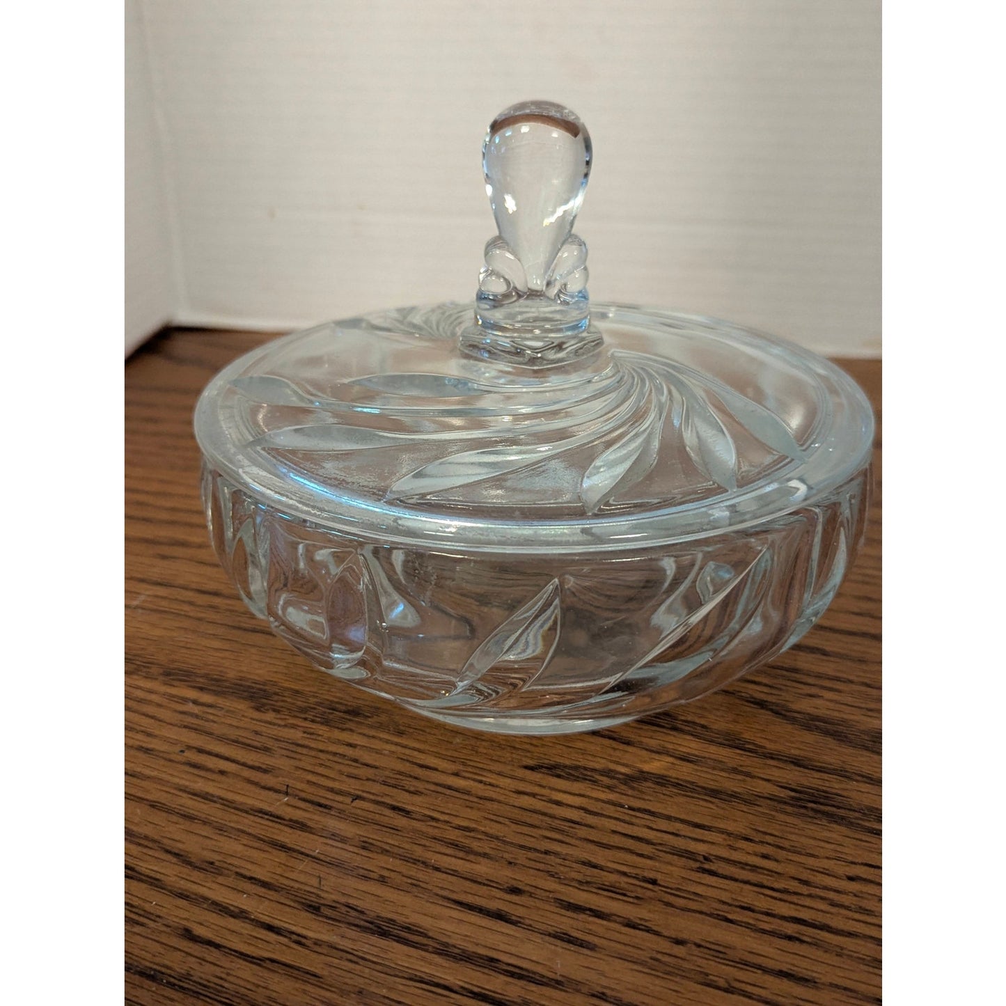 Vintage Clear Pressed Glass Candy Dish & Lid Swirl Design Powder Vanity Trinket