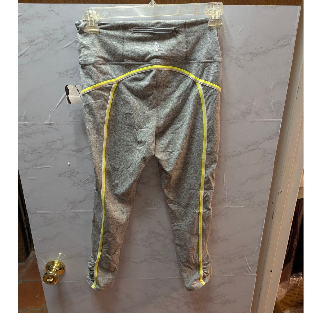 Free People Movement Grey Neon Yellow Trim High Waist Leggings Large NWT