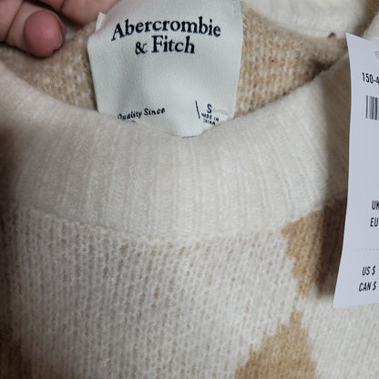 ABERCROMBIE & Fitch NEW Oversize Brown Cream White Argyle Sweater size Small
