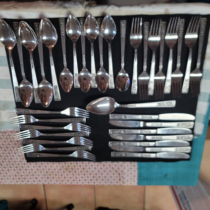 Lot 35 pcs. National Stainless Japan Rambling Rose Silverware W5 MCM Tiki