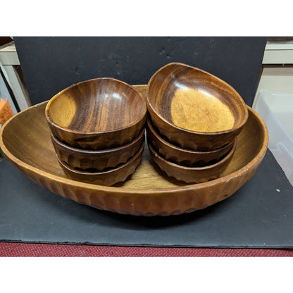 Vintage 1980s Acacia monkeypod wood Caesar salad bowl 7 pc. set serving oval