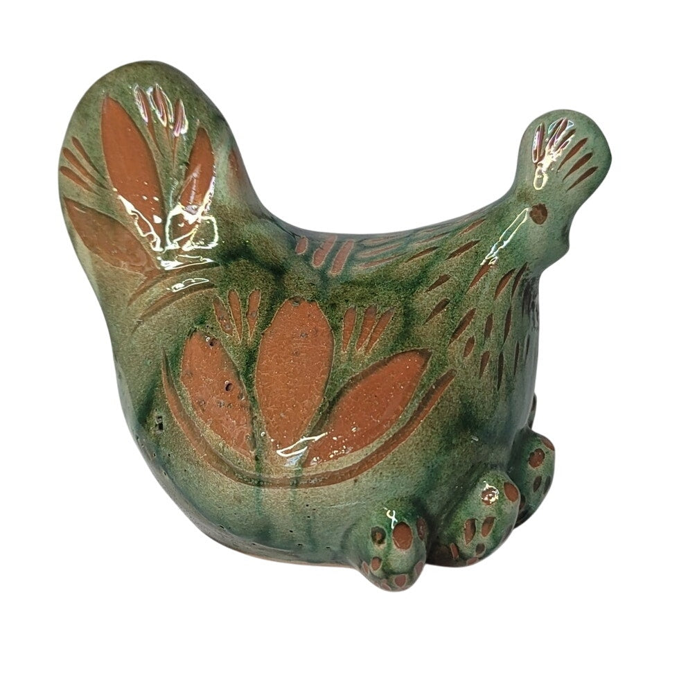 Hen and chicks Handmade pottery green clay incised design 7" x 5" Art Pottery