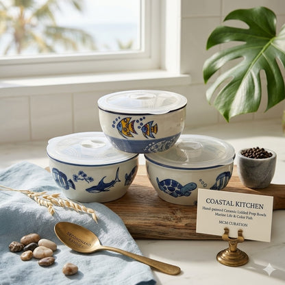 Yokohama Studio Set of 3 Hand-Painted "Marine Life" Covered Bowls Storage