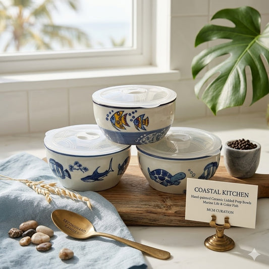 Yokohama Studio Set of 3 Hand-Painted "Marine Life" Covered Bowls Storage