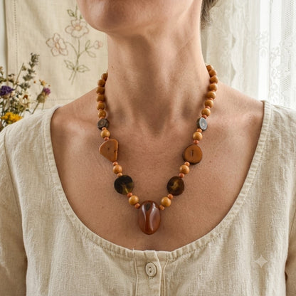 Vintage Chunky Stone & Wood Bead Statement Necklace Brown Boho Chic