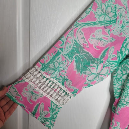Casey Key Pink & Green Pineapple Lace Bell Sleeve Hi-low Chiffon Blouse XX-Large